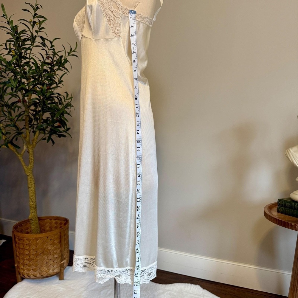 Ivory Satin Slip Nightgown Lace Trim V-Neck Adjustable Straps Lace Hem Coquette - Picture 10 of 14